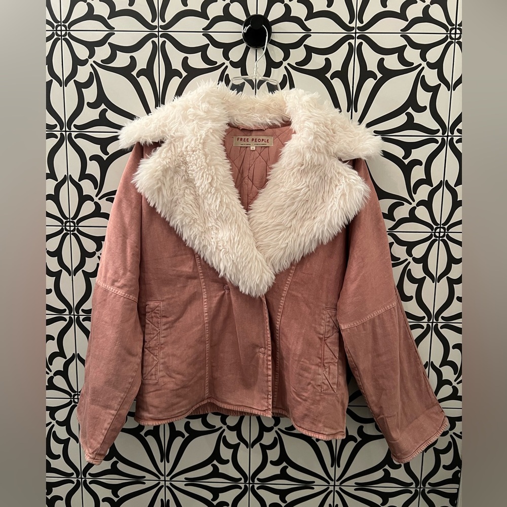 Free People Pink Teddy Jacket with Cream Faux Fur Collar